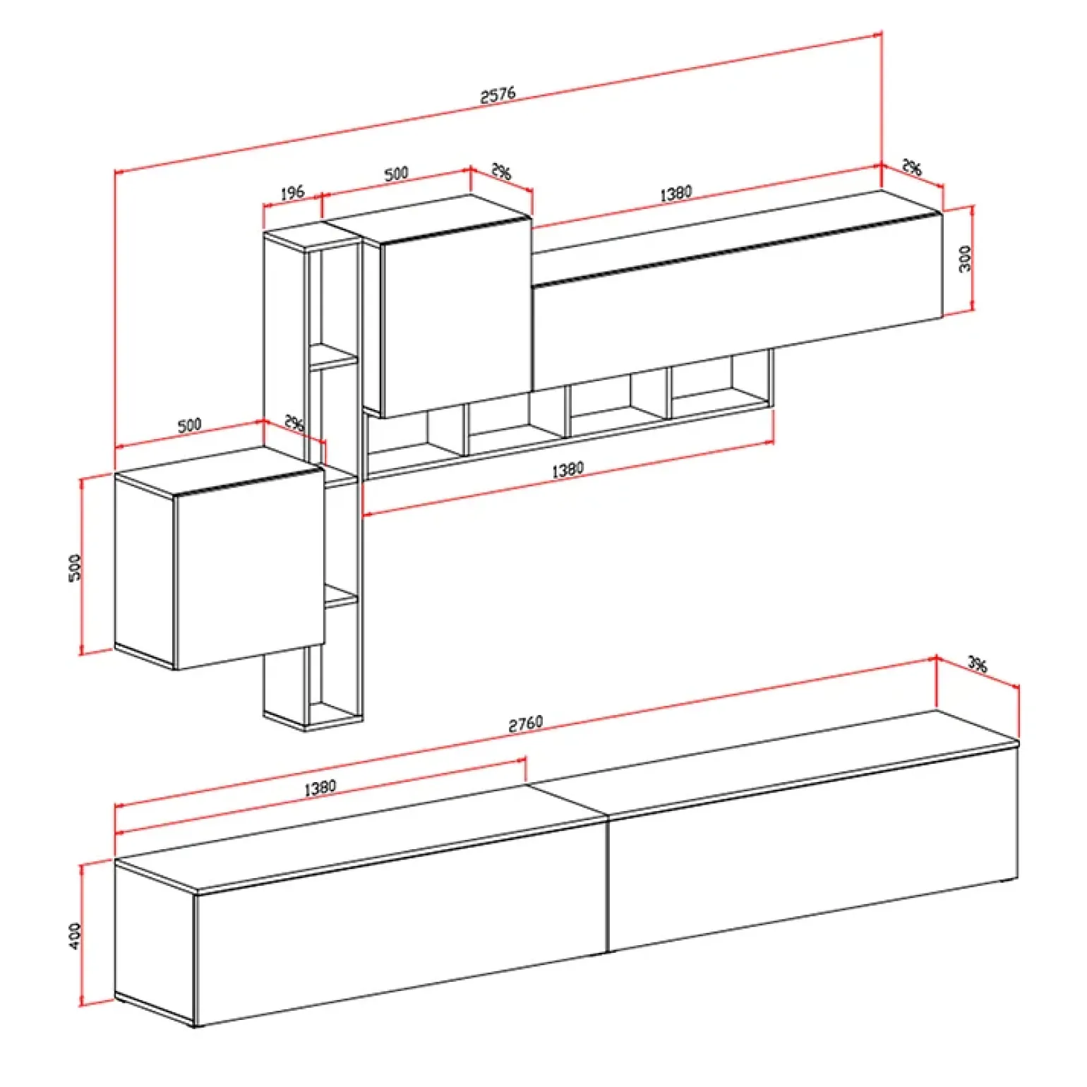 Parete attrezzata 258x200h cm moderna soggiorno noce bianco Bellon