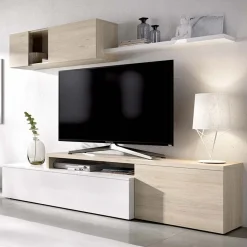 Parete attrezzata 201x155h cm moderna rovere naturale bianco lucido Gomer
