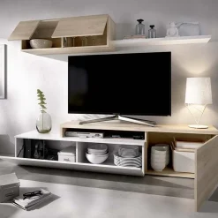 Parete attrezzata 201x155h cm moderna rovere naturale bianco lucido Gomer