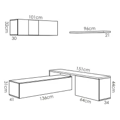 Parete attrezzata 201x155h cm moderna rovere naturale bianco lucido Gomer
