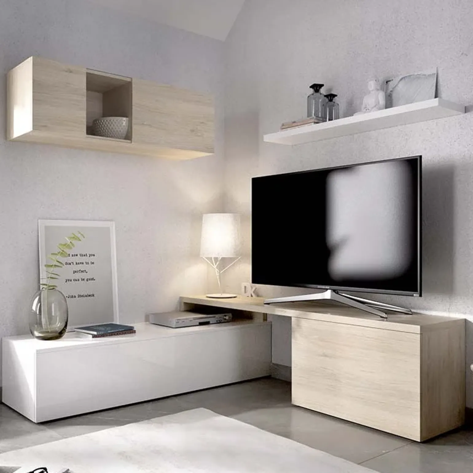 Parete attrezzata 201x155h cm moderna rovere naturale bianco lucido Gomer