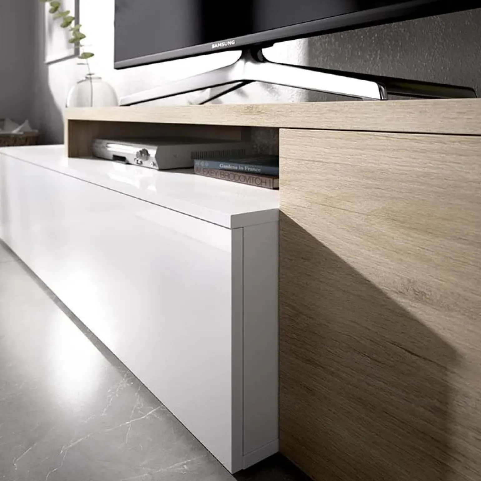 Parete attrezzata 201x155h cm moderna rovere naturale bianco lucido Gomer