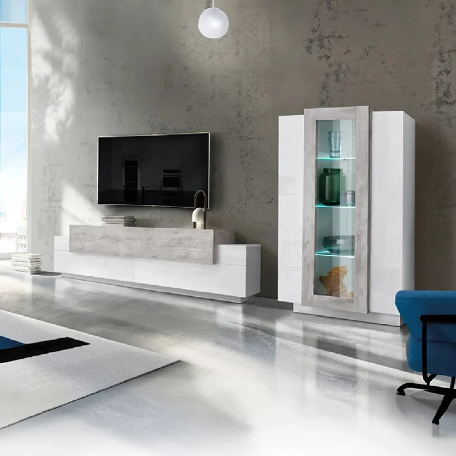 Parete attrezzata 290x121h cm moderna bianco lucido cemento Milos Gihome®