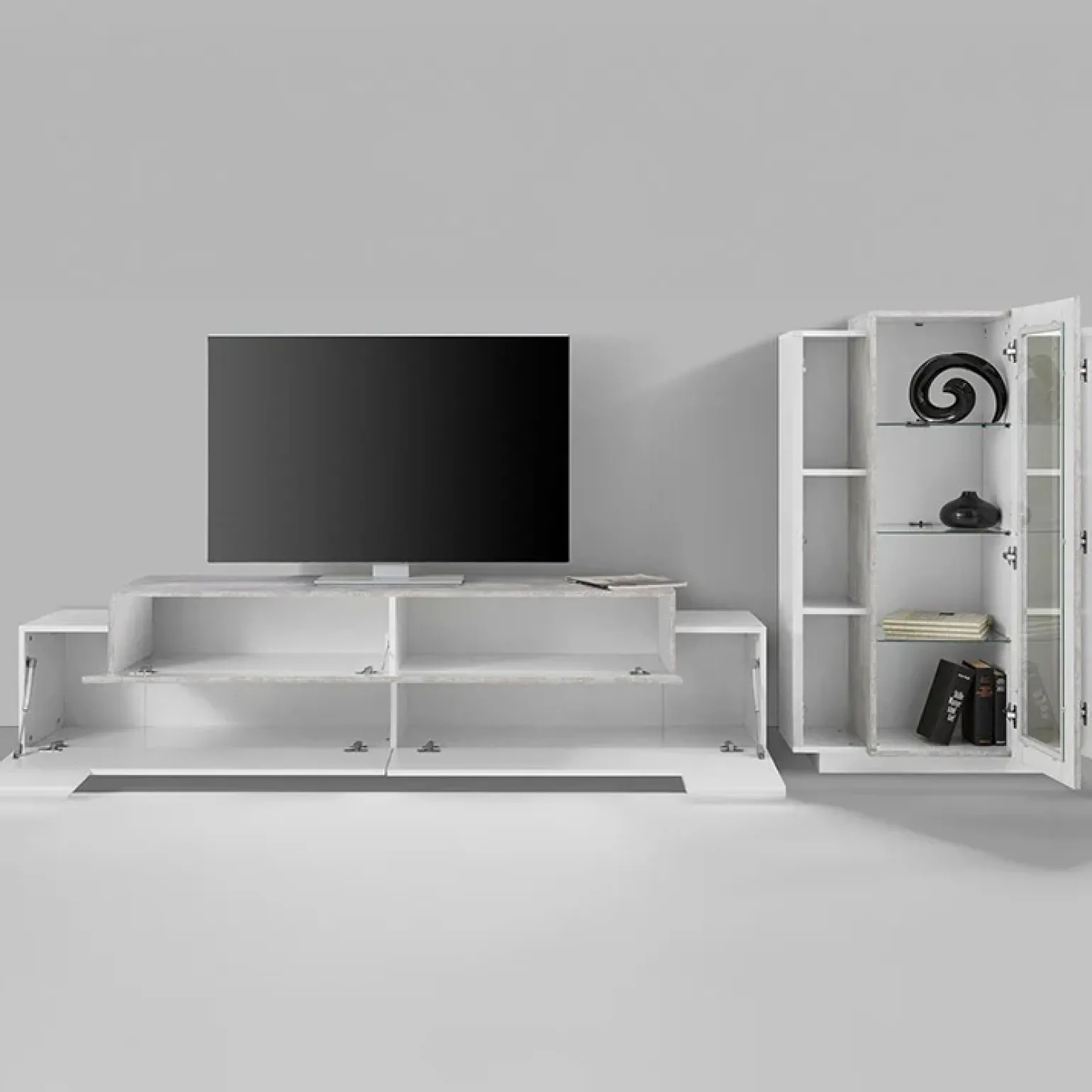 Parete attrezzata 290x121h cm moderna bianco lucido cemento Milos Gihome®