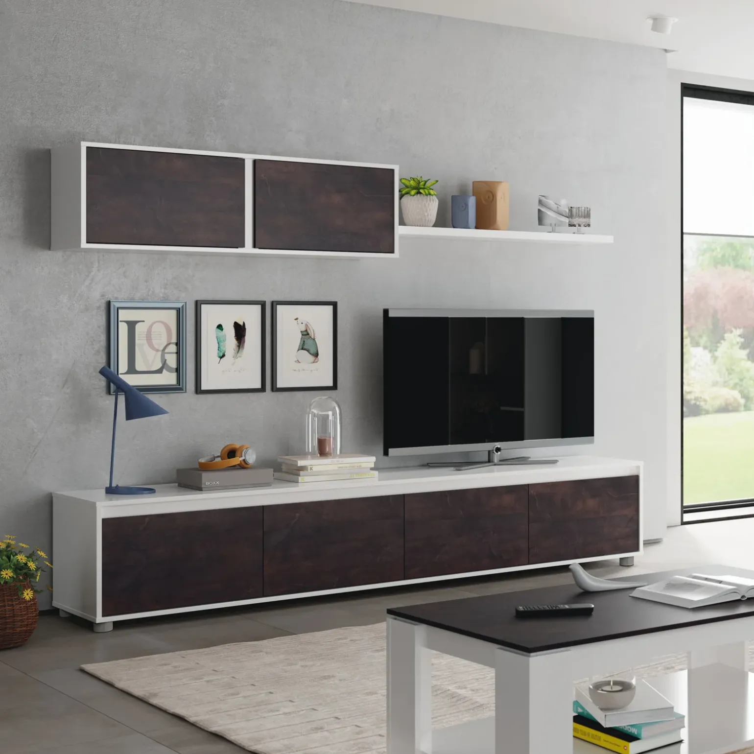 Parete attrezzata 200x145h cm moderna soggiorno bianco opaco ossido Itaca