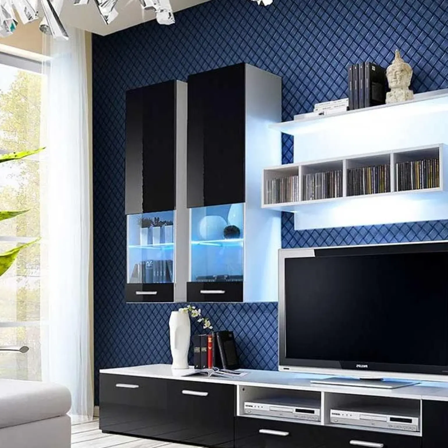 Parete attrezzata 300x190h cm moderna bianco opaco nero lucido Baltimora Gihome®