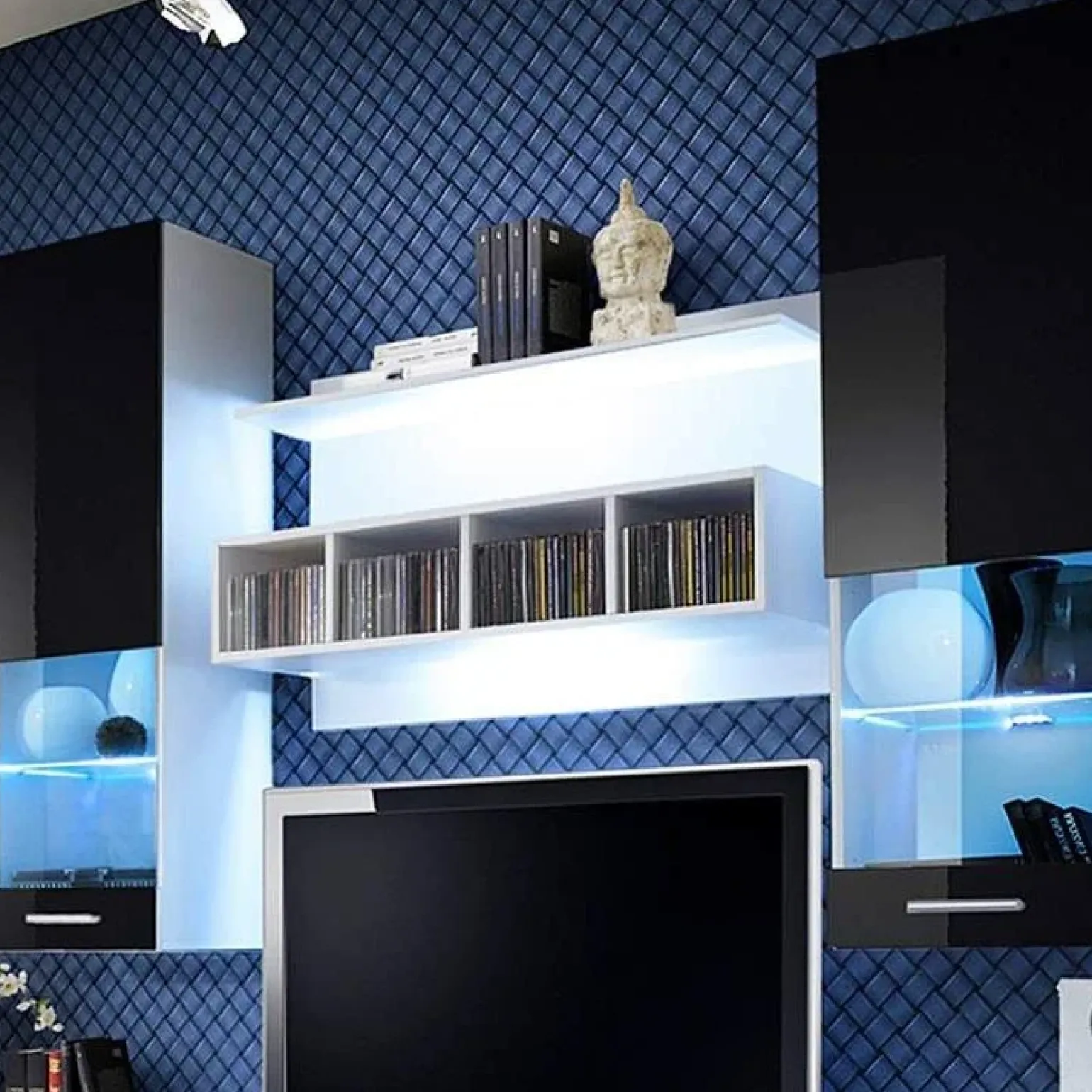 Parete attrezzata 300x190h cm moderna bianco opaco nero lucido Baltimora Gihome®