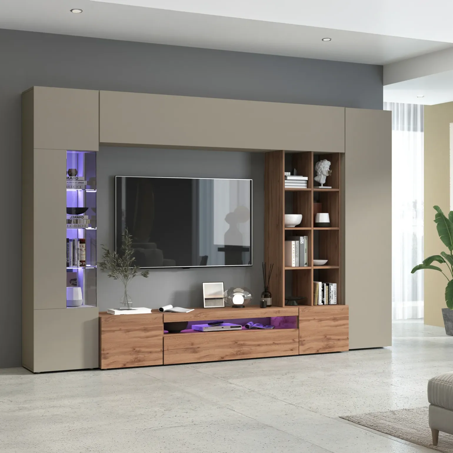 Parete attrezzata 290x190h cm moderna tortora rovere Zenith