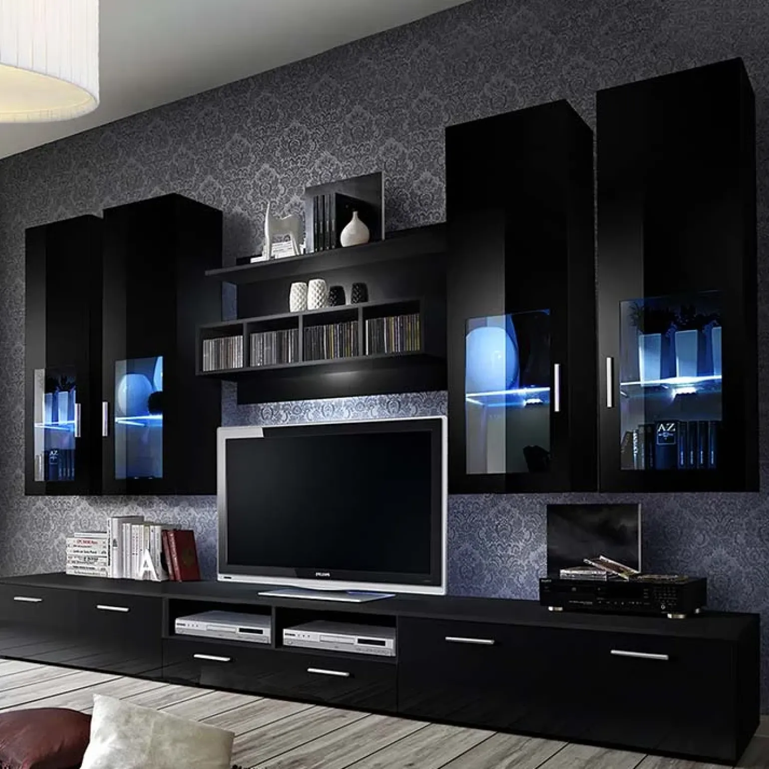 Parete attrezzata 300x190h cm moderna nero lucido Barrie Gihome®