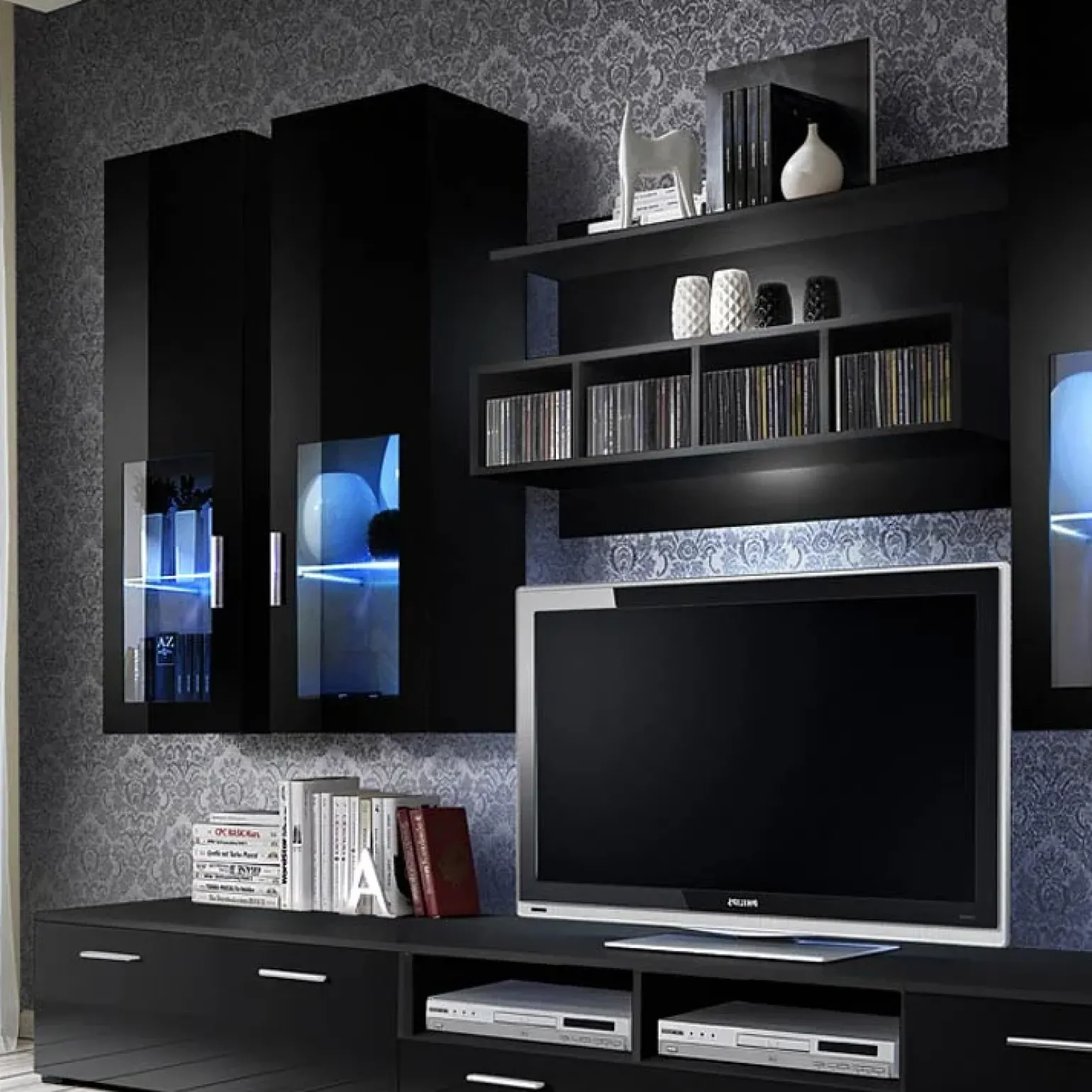 Parete attrezzata 300x190h cm moderna nero lucido Barrie Gihome®