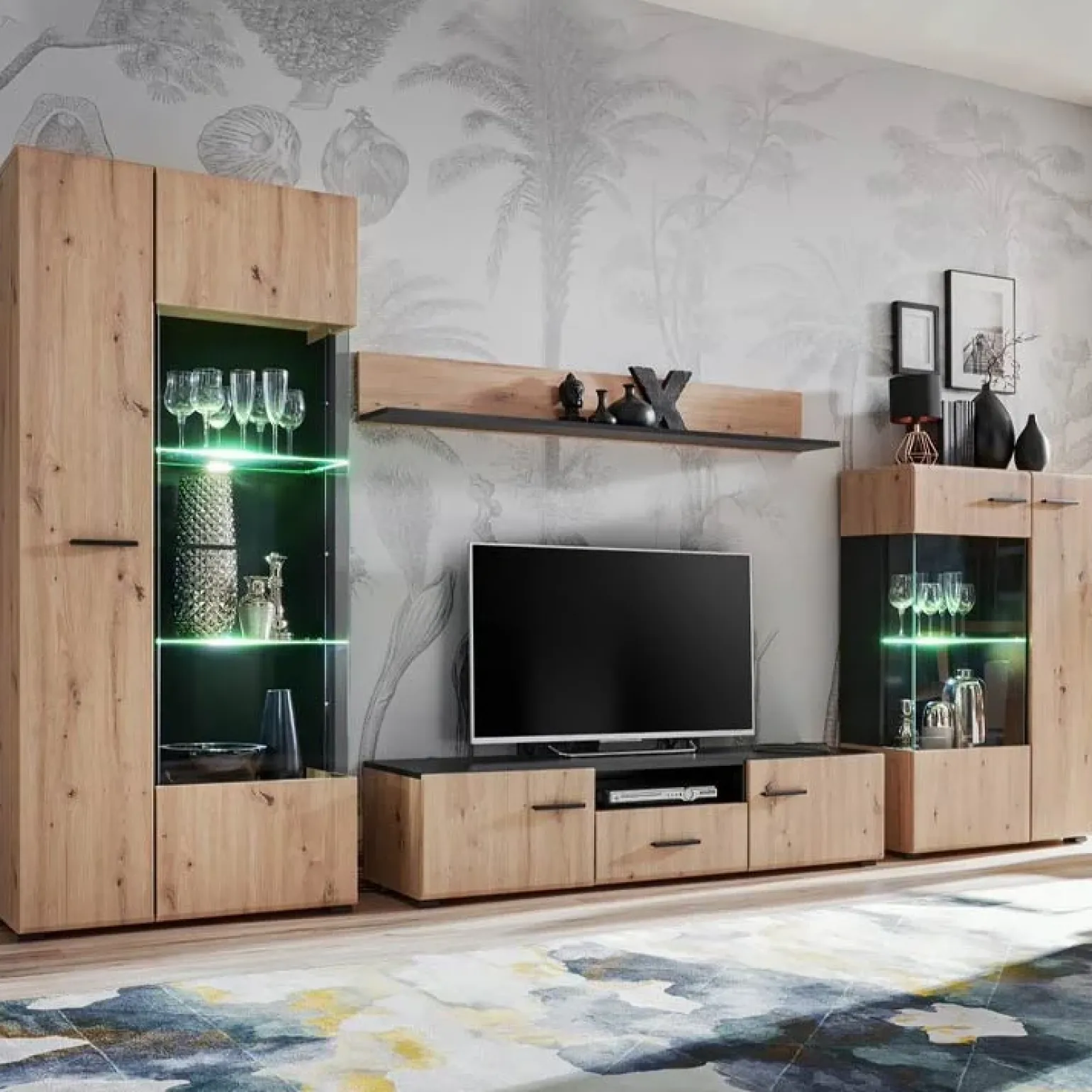 Parete attrezzata 310x190h cm moderna rovere nero opaco York Gihome®