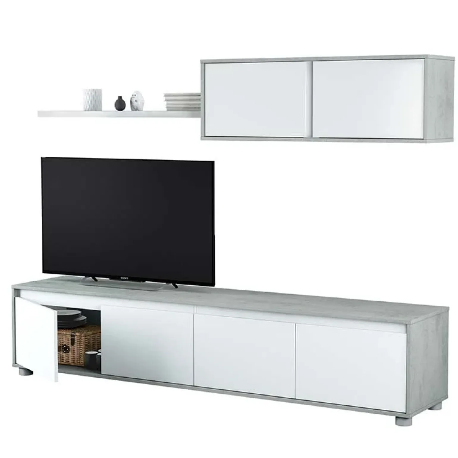Parete attrezzata 200x145h cm moderna soggiorno bianco cemento Itaca