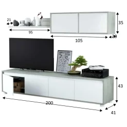 Parete attrezzata 200x145h cm moderna soggiorno bianco cemento Itaca
