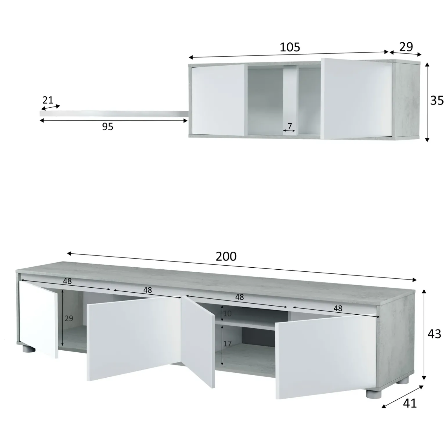Parete attrezzata 200x145h cm moderna soggiorno bianco cemento Itaca