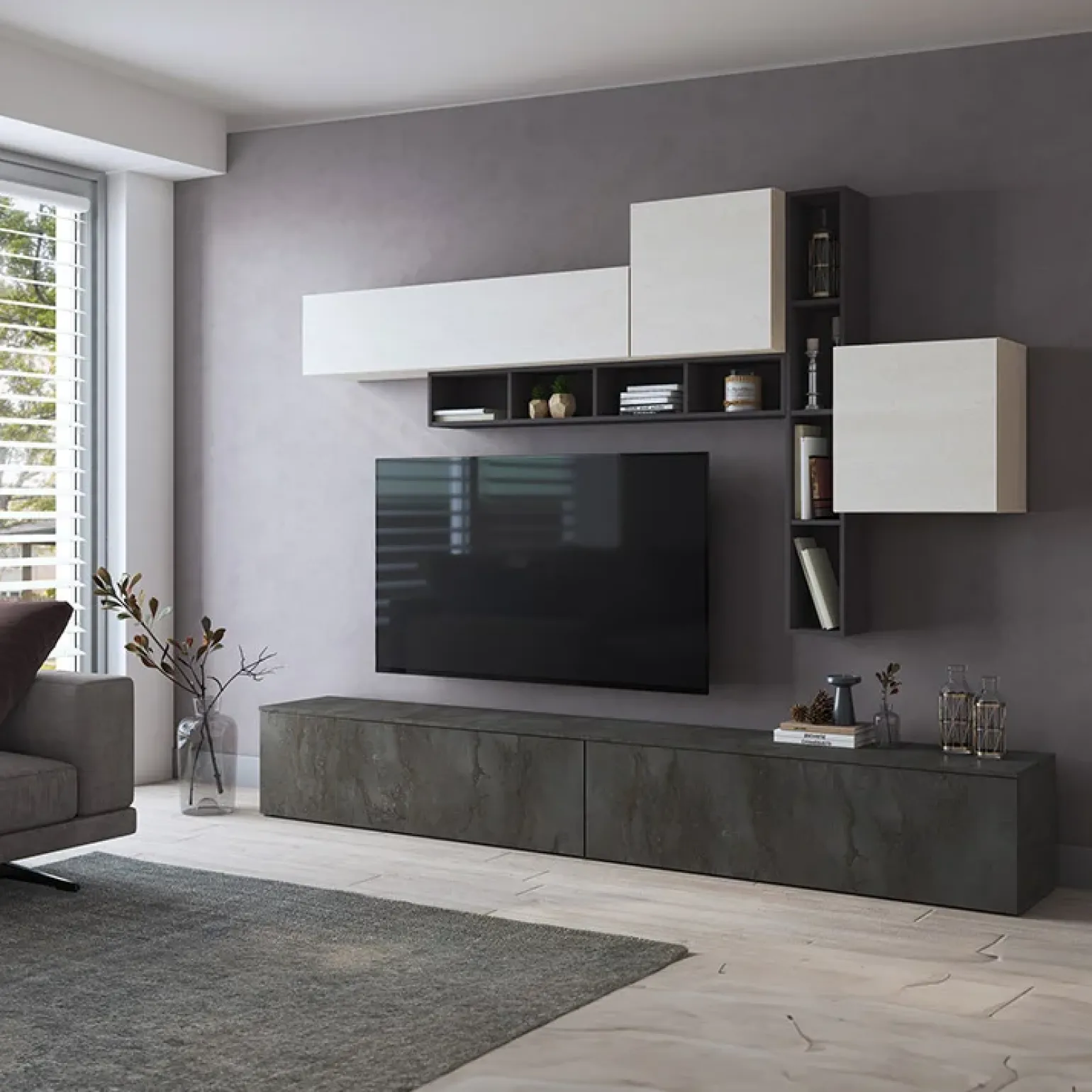 Parete attrezzata 258x200h cm moderna soggiorno ossido bianco Bellon