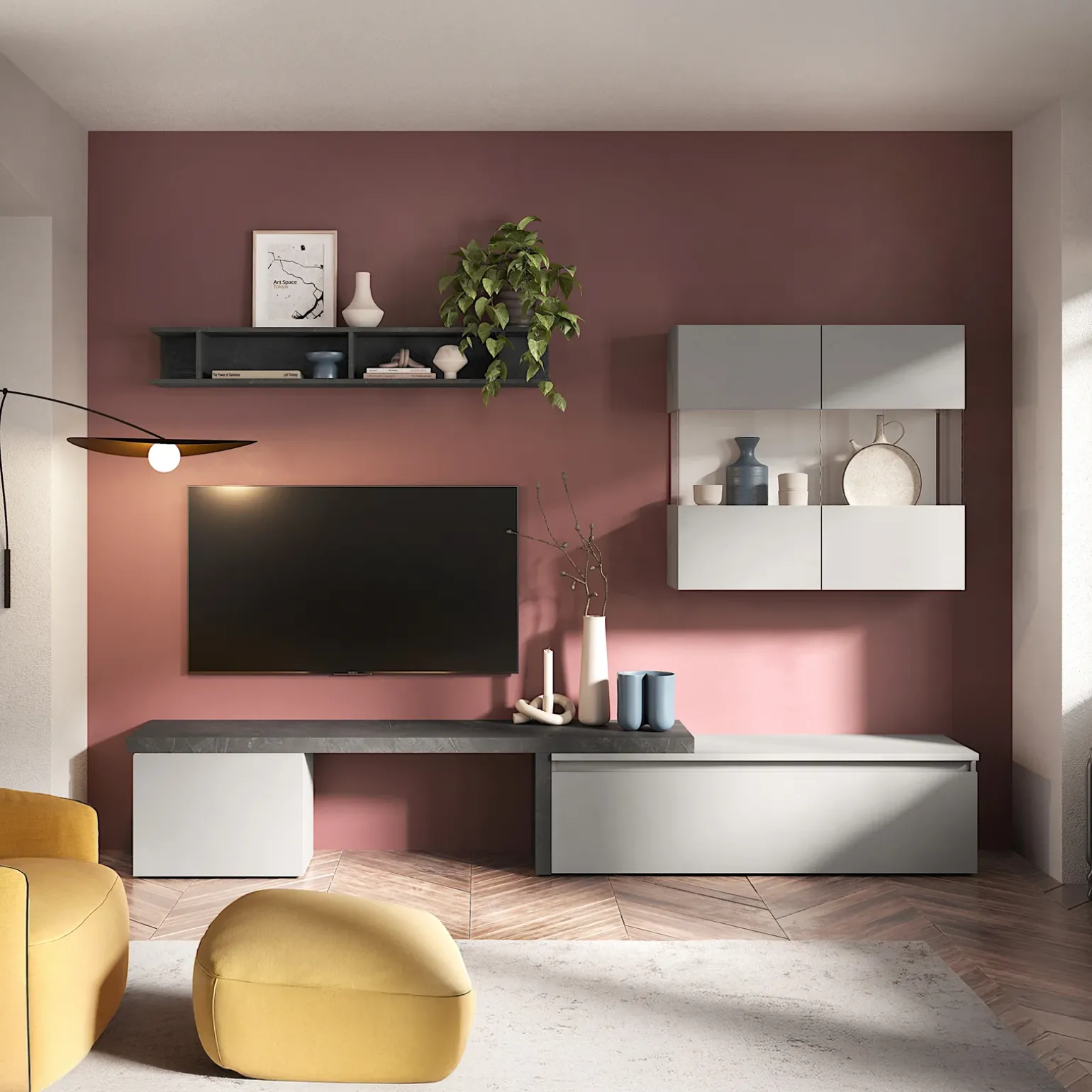 Parete attrezzata 260x185h cm moderna grigio chiaro antracite Sunset 76