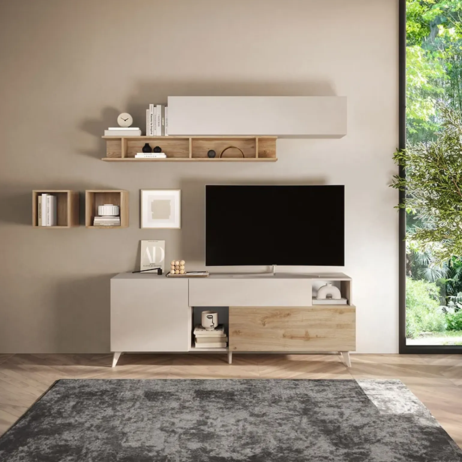 Parete attrezzata 181x205h cm moderna beige rovere chiaro Witty
