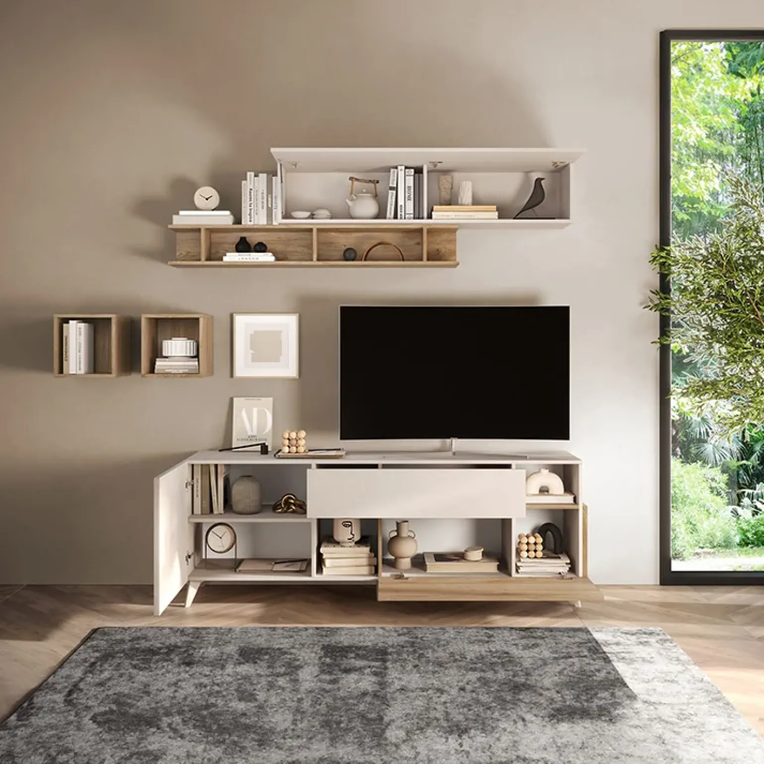 Parete attrezzata 181x205h cm moderna beige rovere chiaro Witty
