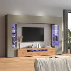 Parete attrezzata 290x190h cm moderna 2 vetrine tortora rovere Zenith 2
