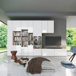 Parete attrezzata 340x205h cm rovere bianco lucido con led Shanti