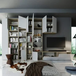 Parete attrezzata 340x205h cm rovere bianco lucido con led Shanti