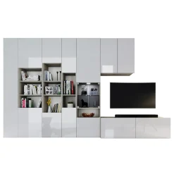 Parete attrezzata 340x205h cm rovere bianco lucido con led Shanti