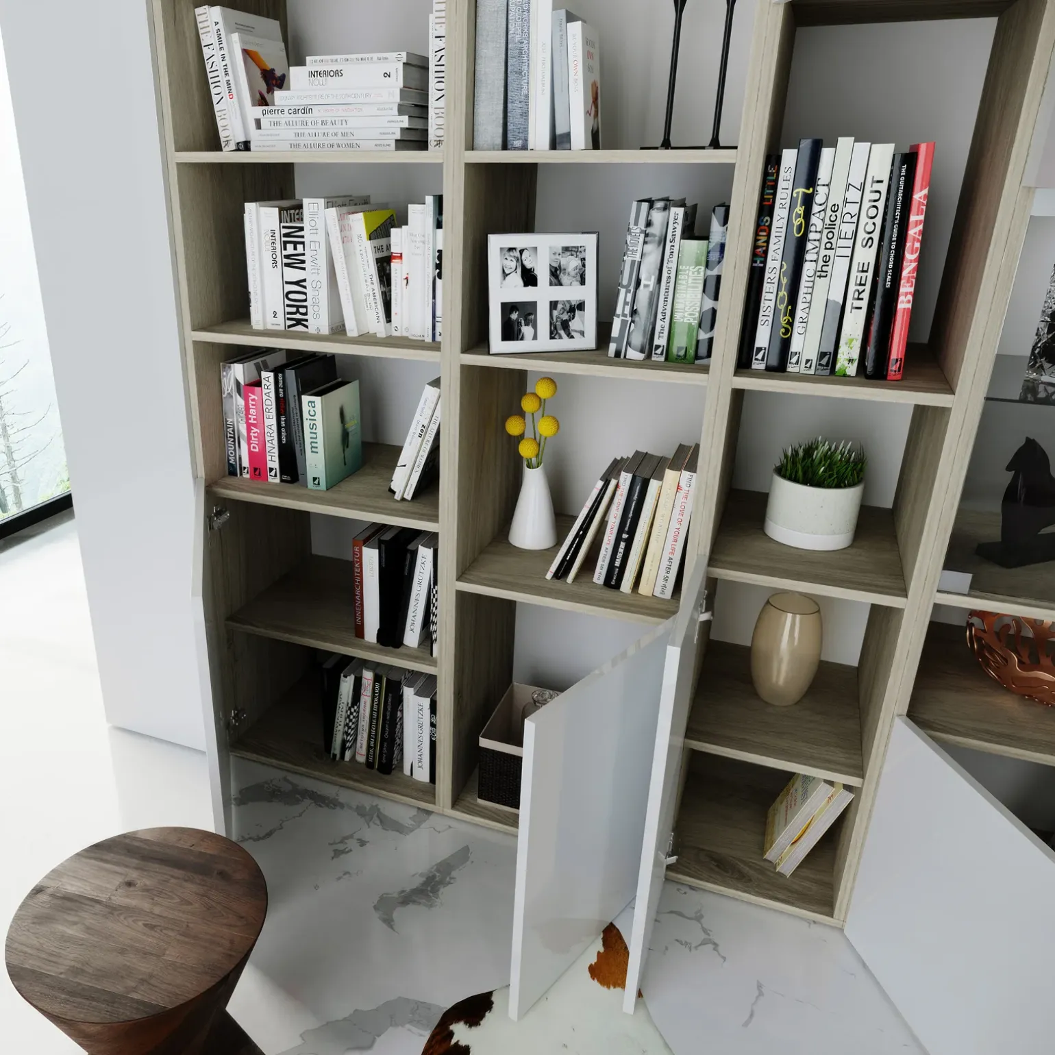 Parete attrezzata 340x205h cm rovere bianco lucido con led Shanti