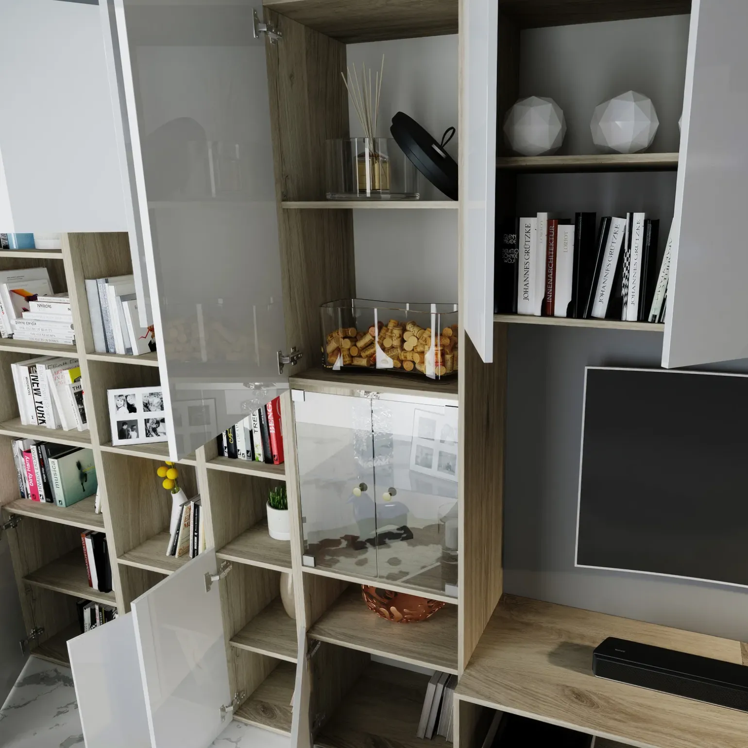 Parete attrezzata 340x205h cm rovere bianco lucido con led Shanti
