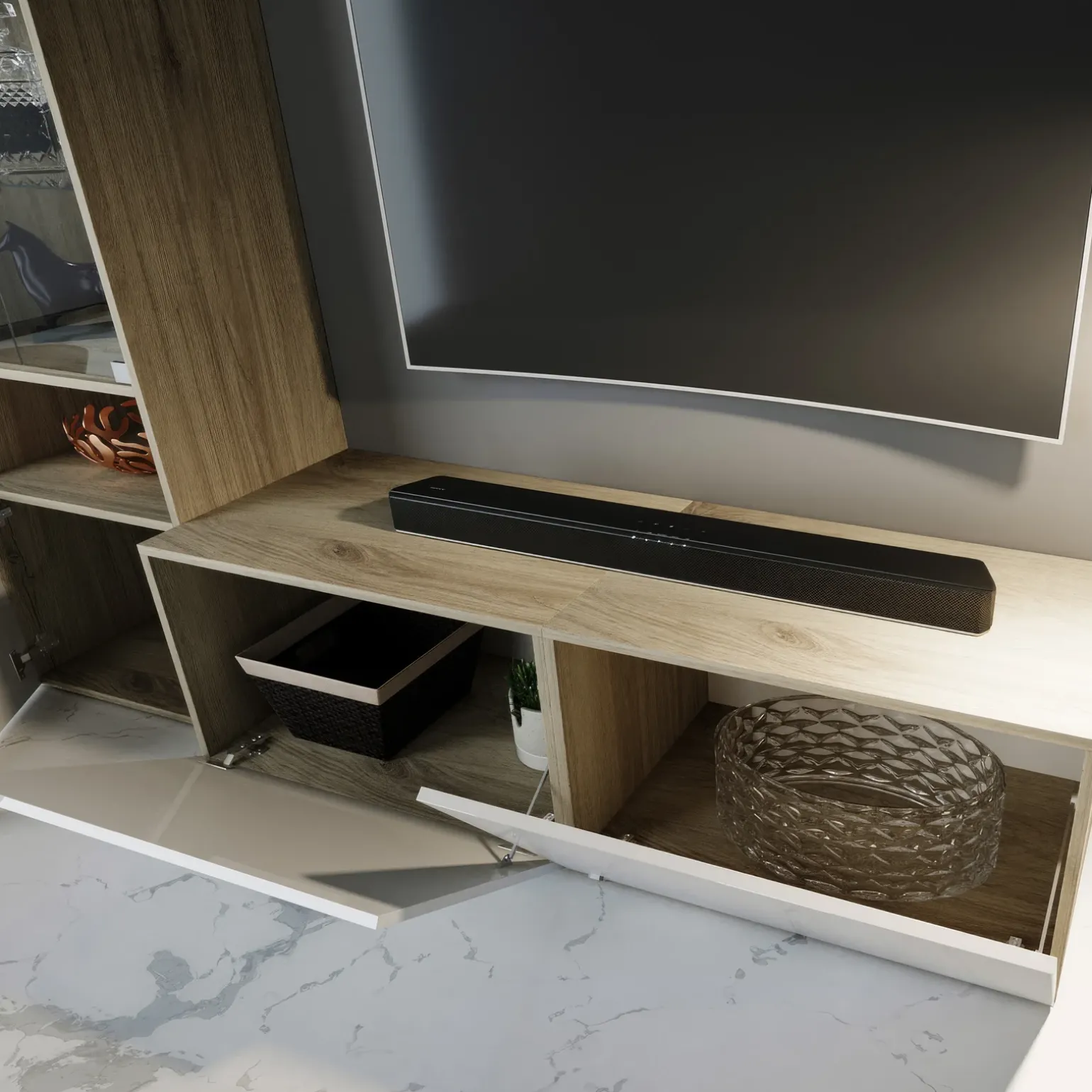 Parete attrezzata 340x205h cm rovere bianco lucido con led Shanti