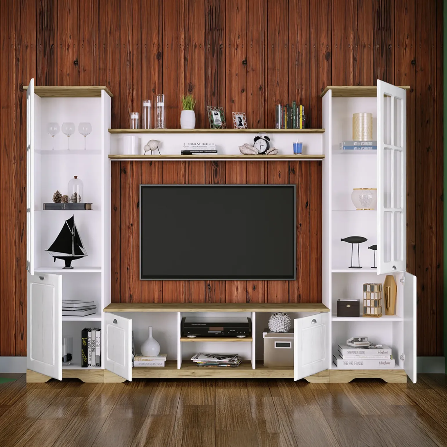 Parete attrezzata 234x181h cm shabby soggiorno bianco opaco Loira