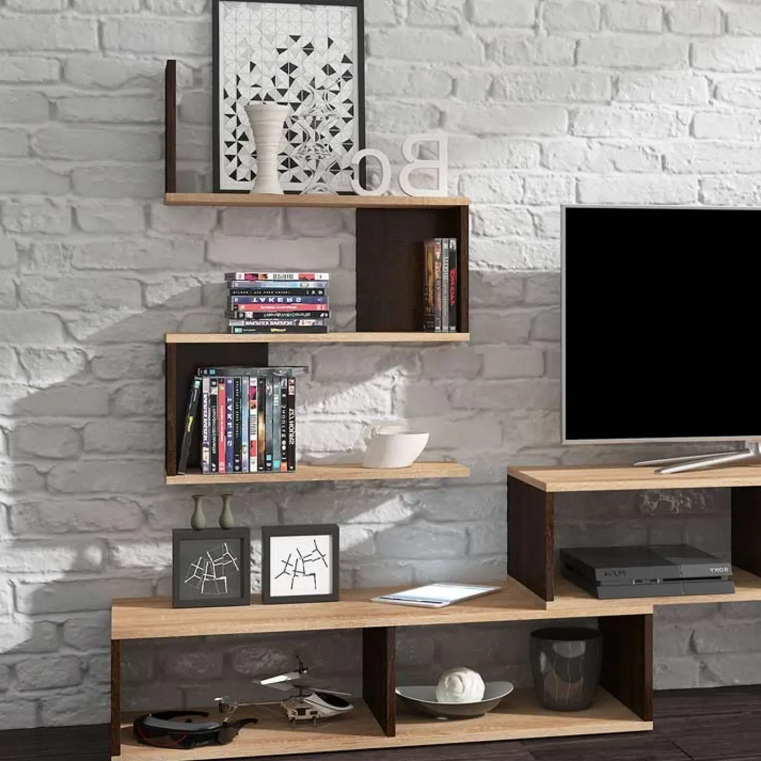Parete attrezzata 180x165h cm soggiorno rovere chiaro e scuro Jessica