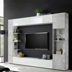 Parete attrezzata 257x187h cm soggiorno bianco lucido cemento Steppi 3