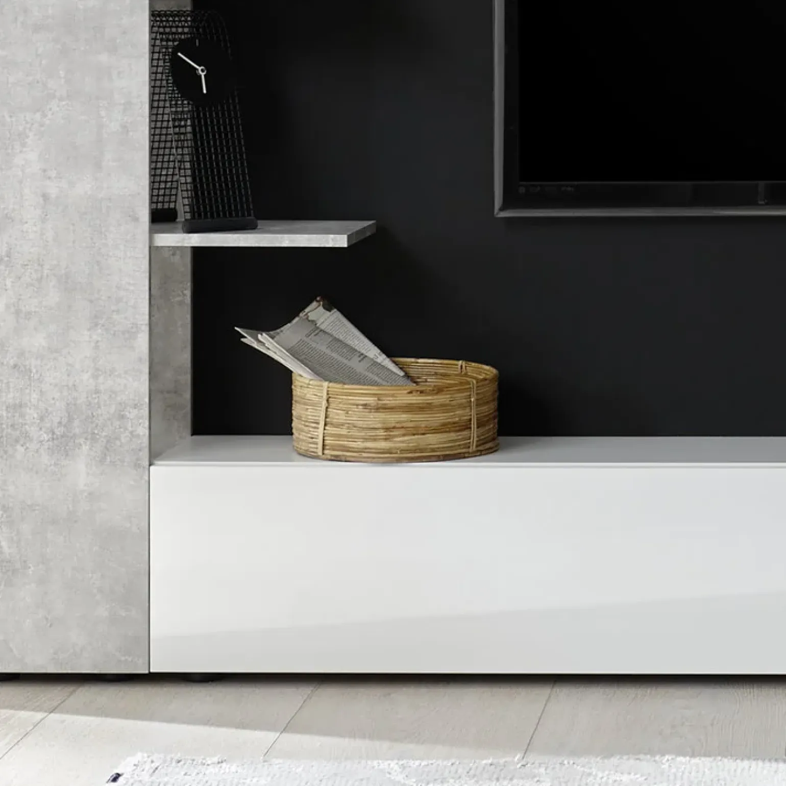 Parete attrezzata 257x187h cm soggiorno bianco lucido cemento Steppi 3