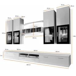 Parete attrezzata 300x190h cm soggiorno bianco lucido Barrie Gihome®