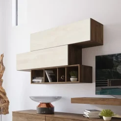 Parete attrezzata 270x183h cm soggiorno noce bianco spatolato America Gihome®