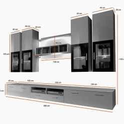 Parete attrezzata 300x190h cm soggiorno nero e bianco lucido Barrie Gihome®