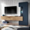Parete attrezzata 210x162h cm soggiorno con led blu scuro rovere Feola