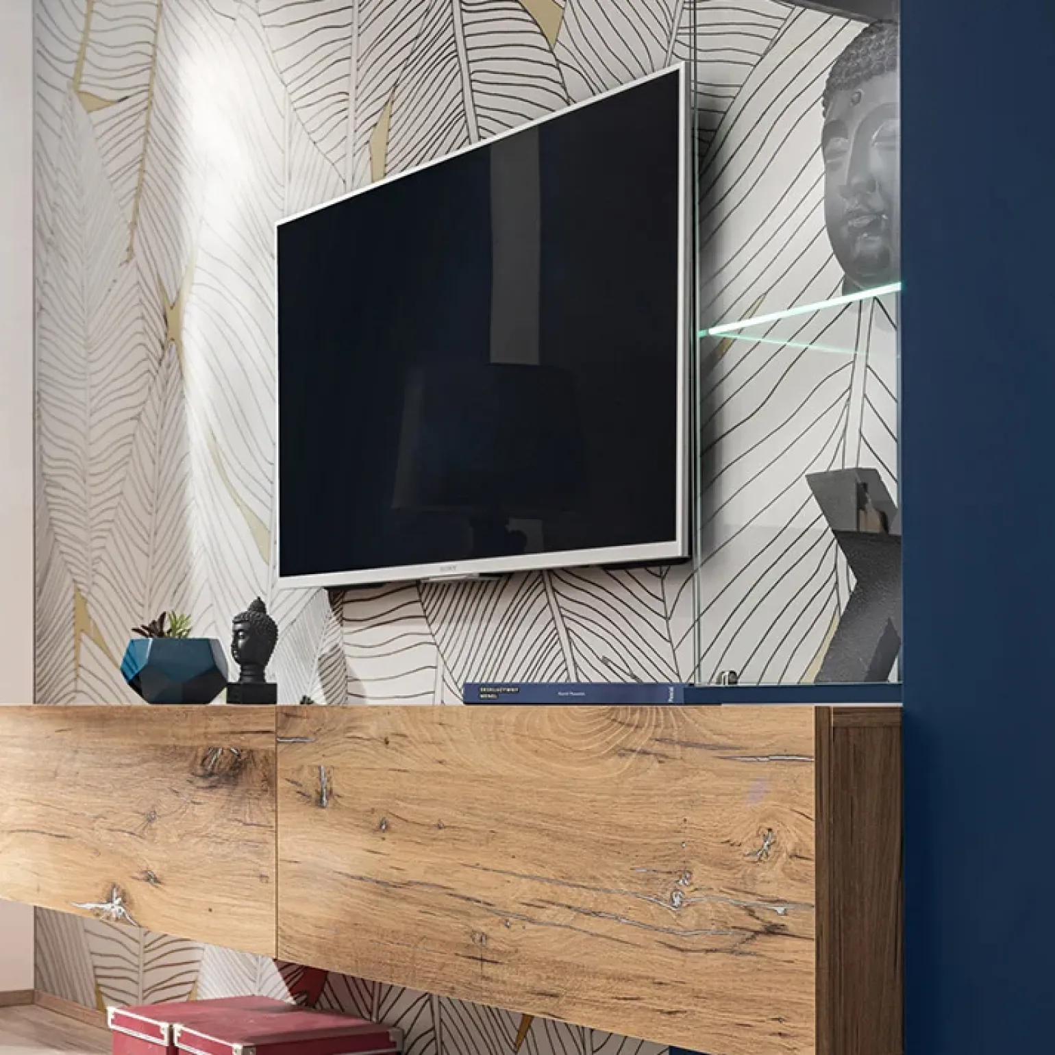 Parete attrezzata 210x162h cm soggiorno con led blu scuro rovere Feola