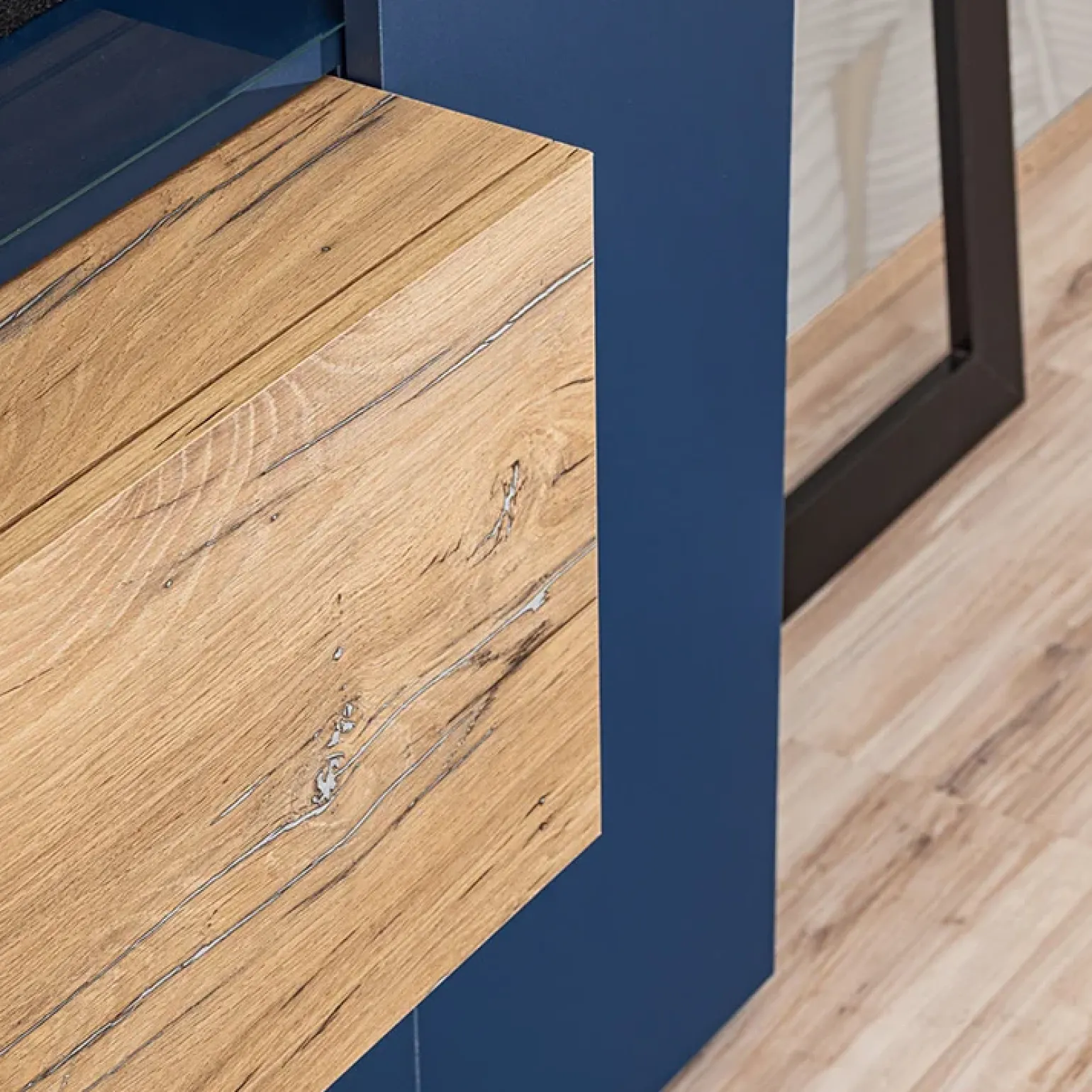 Parete attrezzata 210x162h cm soggiorno con led blu scuro rovere Feola