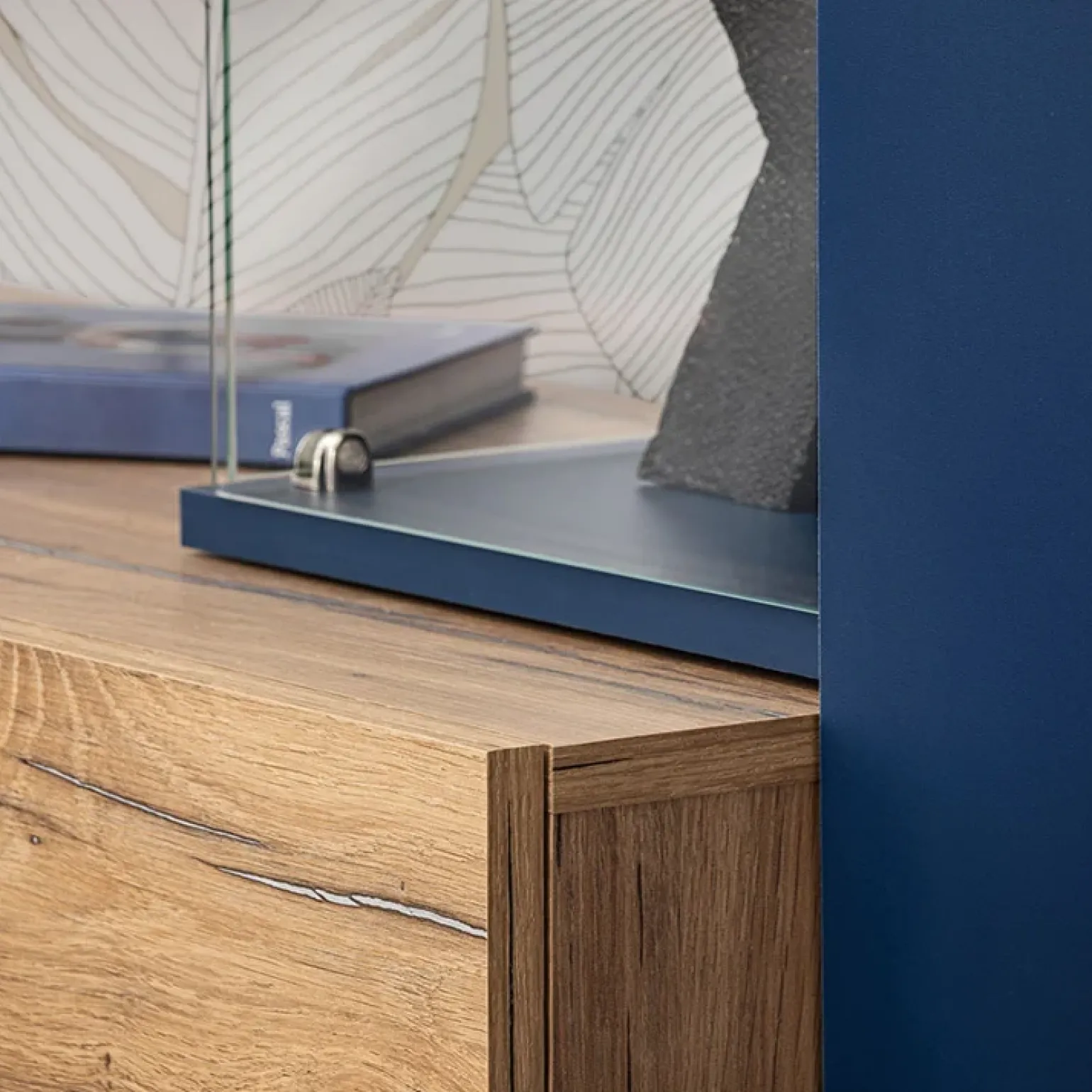 Parete attrezzata 210x162h cm soggiorno con led blu scuro rovere Feola