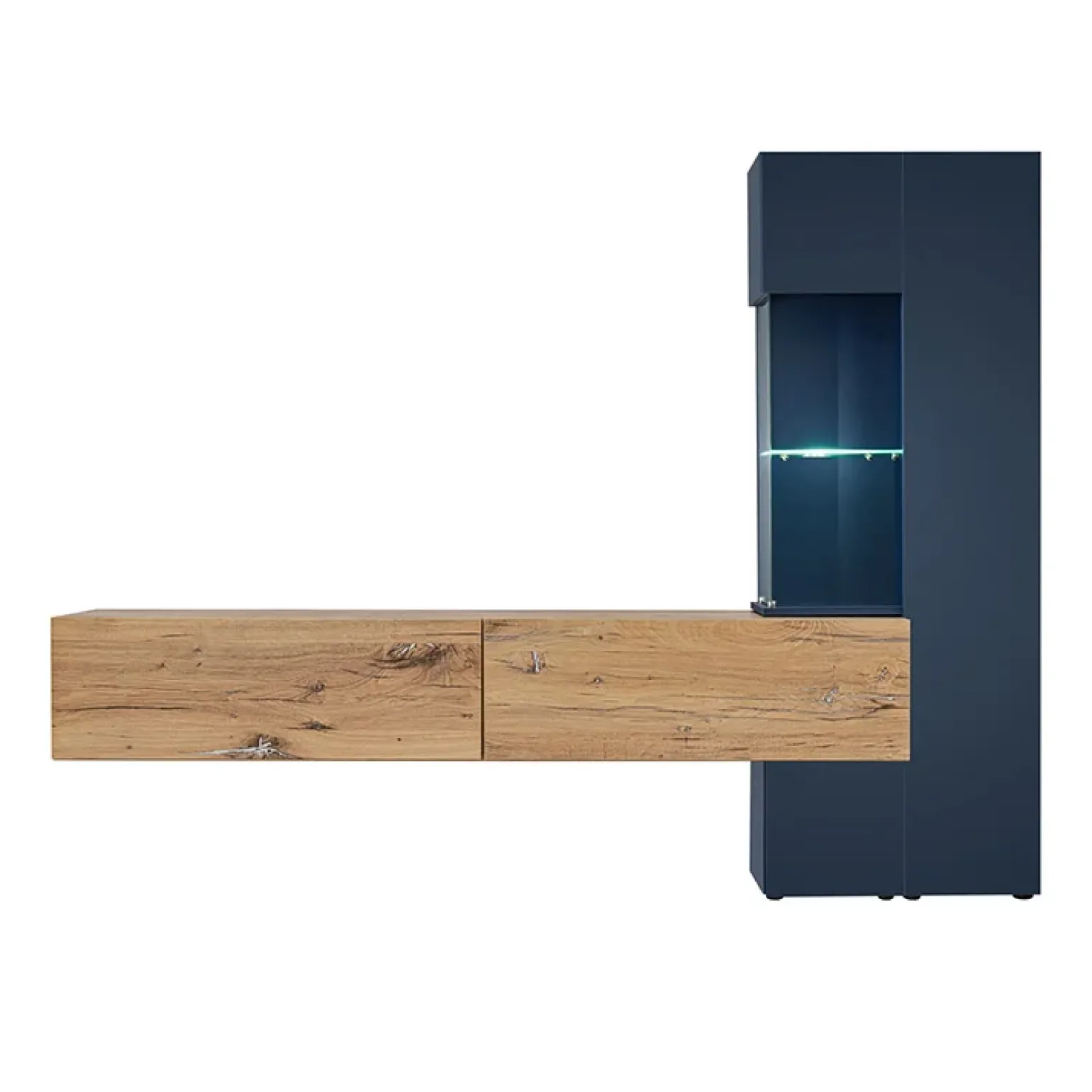 Parete attrezzata 210x162h cm soggiorno con led blu scuro rovere Feola
