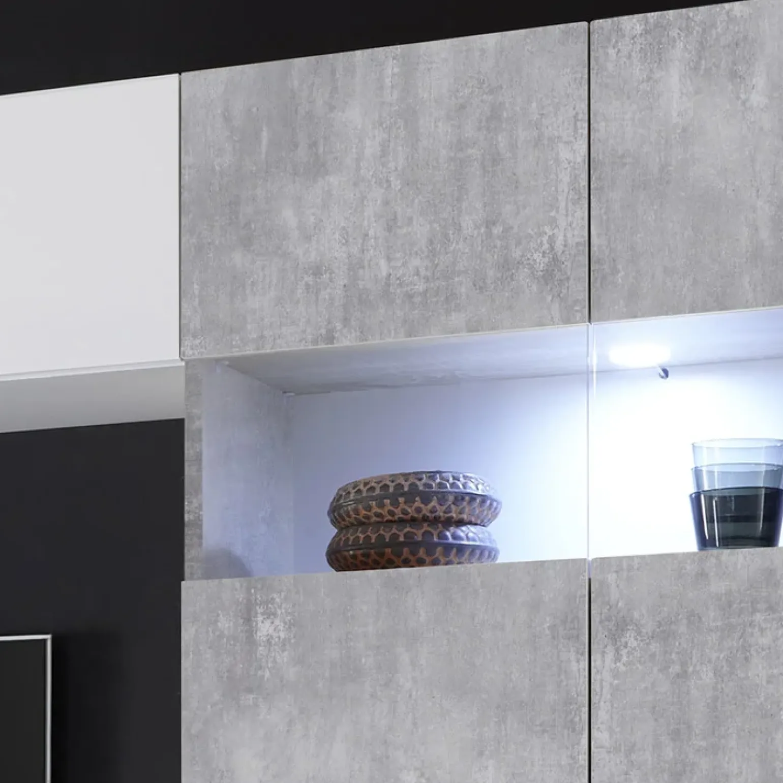 Parete attrezzata 248x175h cm soggiorno bianco lucido cemento Steppi 5