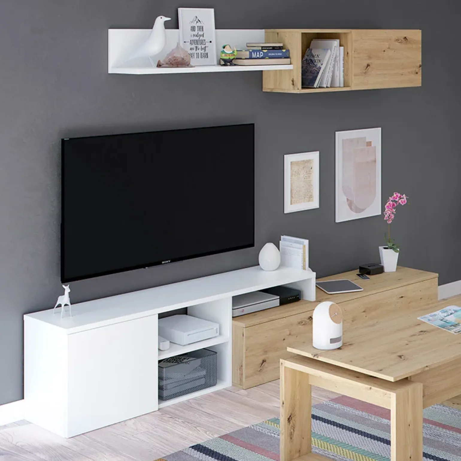 Parete attrezzata 220x135h cm soggiorno rovere bianco artico Patrol