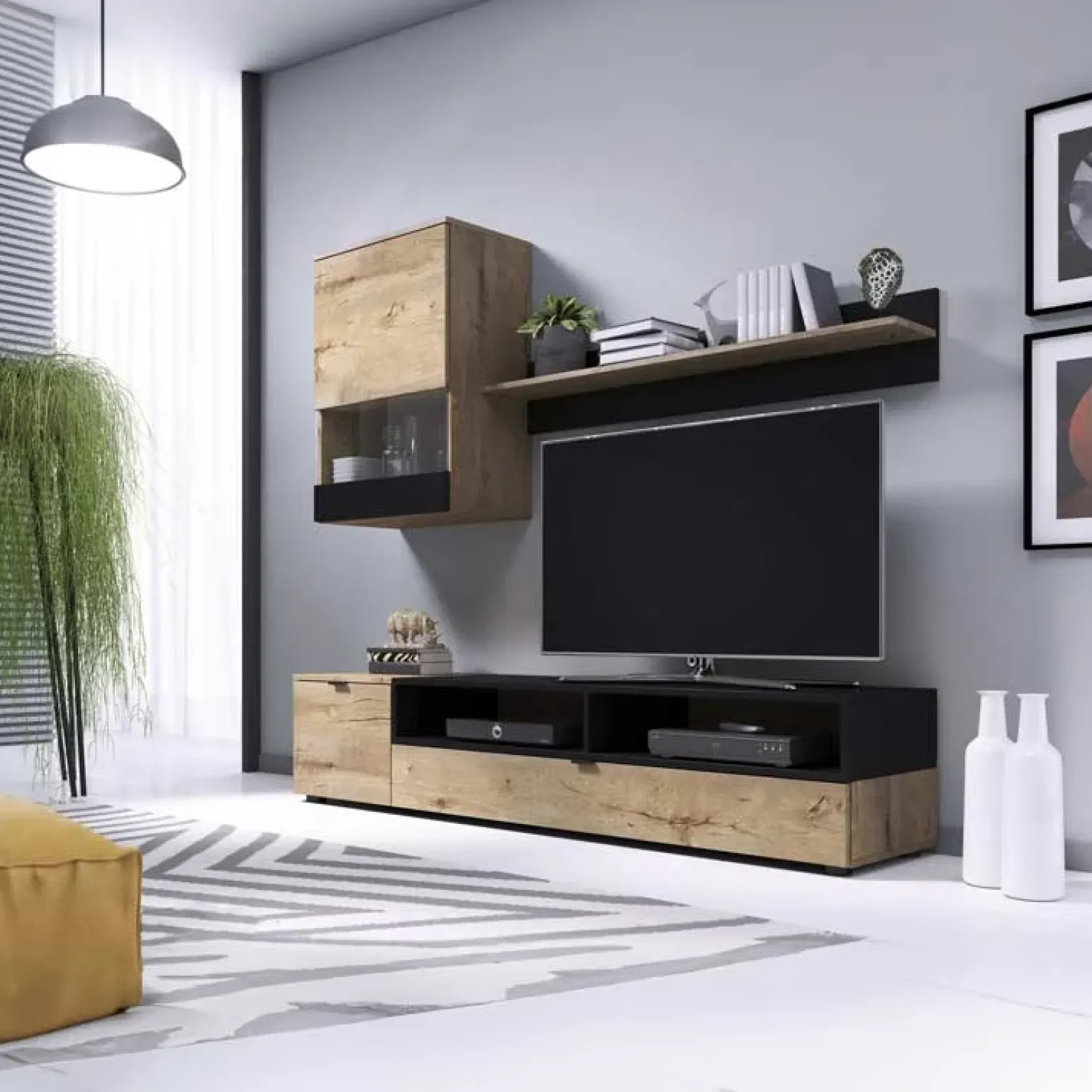 Parete attrezzata 175x170h cm soggiorno rovere nero opaco Oden