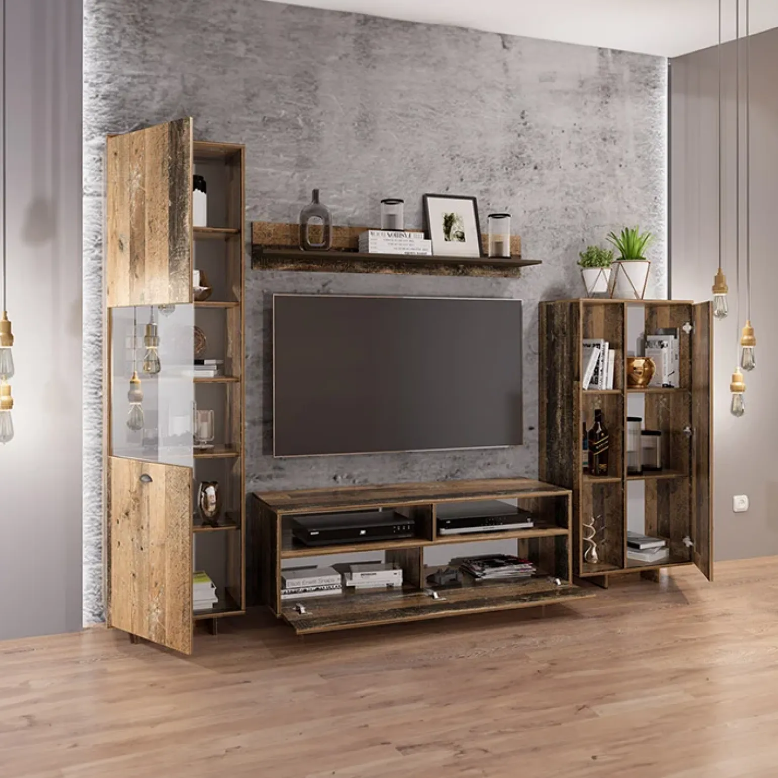 Parete attrezzata 260x185h cm soggiorno legno vecchio antico West Gihome®