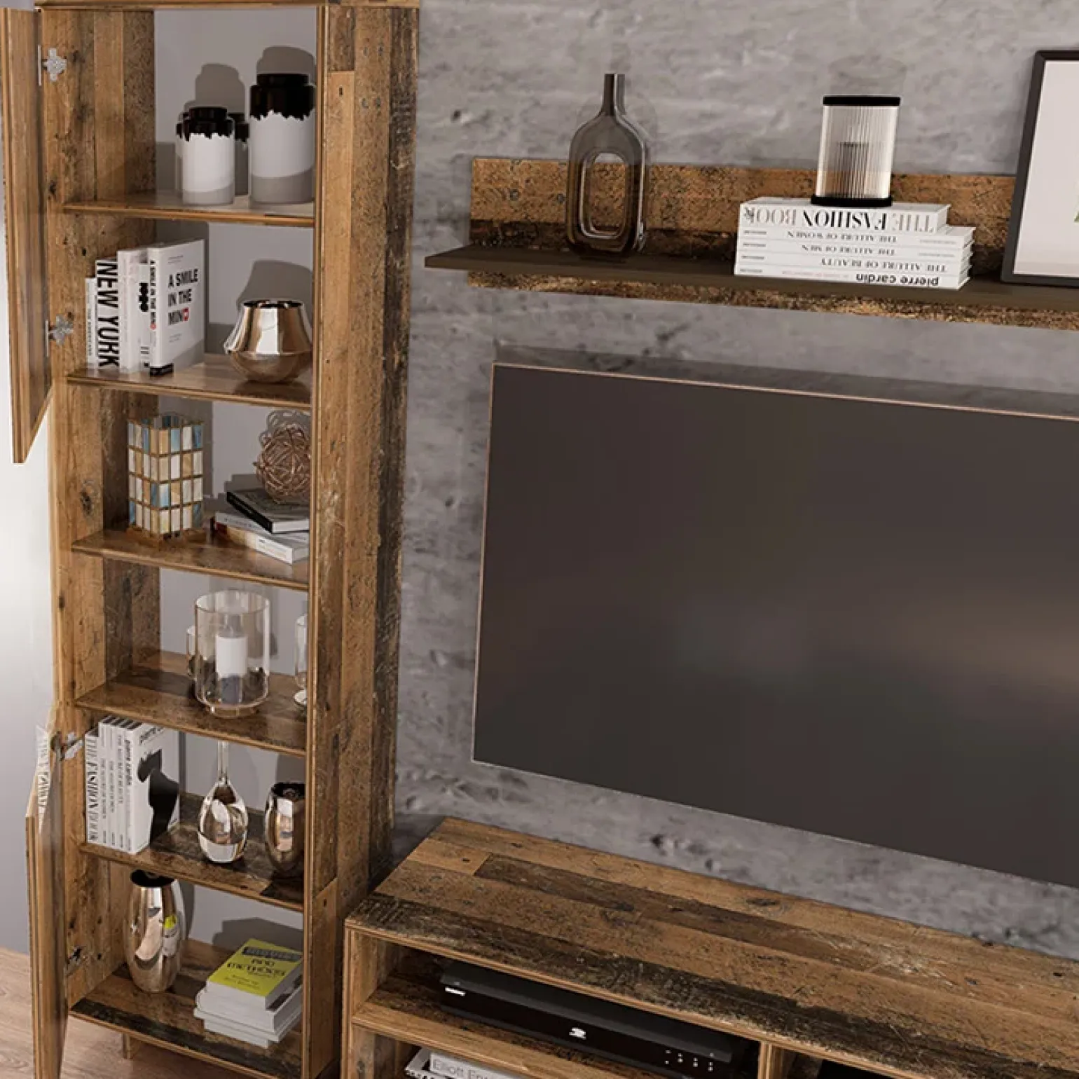 Parete attrezzata 260x185h cm soggiorno legno vecchio antico West Gihome®
