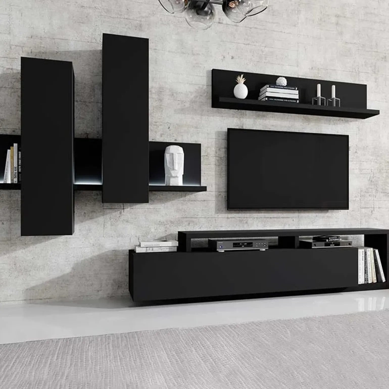 Parete attrezzata 219x205h cm soggiorno nero opaco Megan Gihome®
