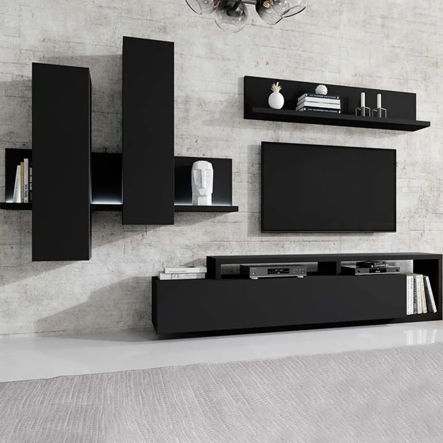 Parete attrezzata 219x205h cm soggiorno nero opaco Megan Gihome®