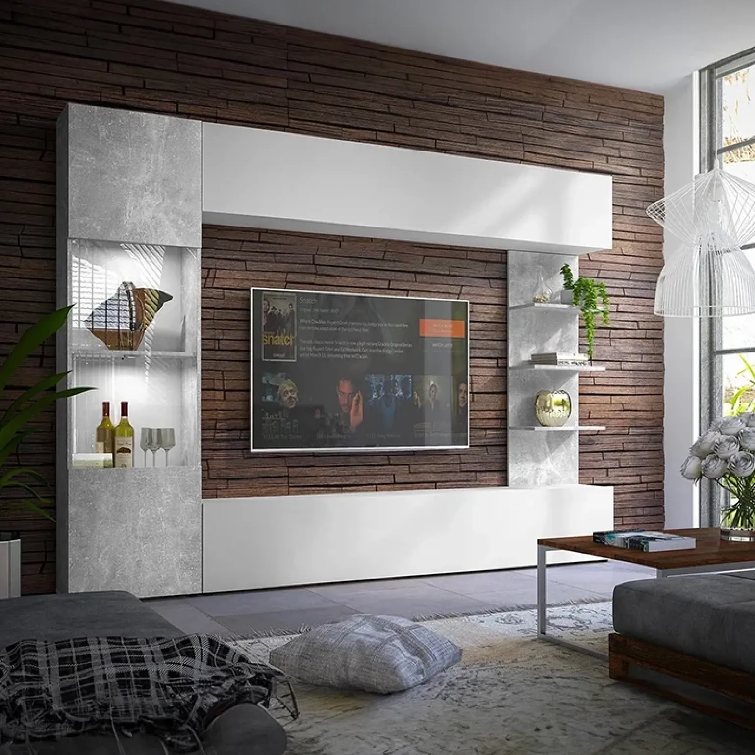 Parete attrezzata 250x187h cm soggiorno bianco effetto pietra Gracia