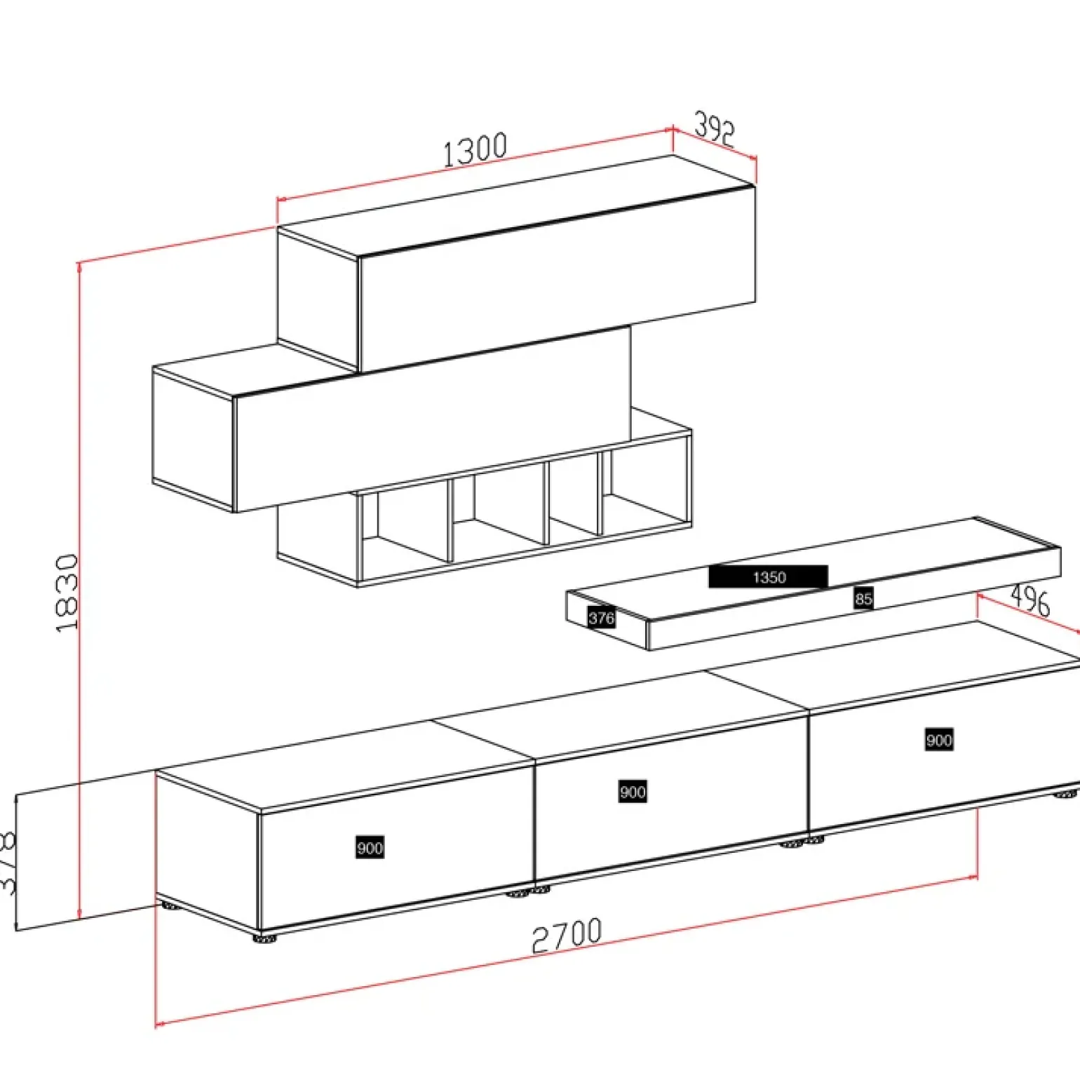 Parete attrezzata 270x183h cm soggiorno rovere antracite America Gihome®